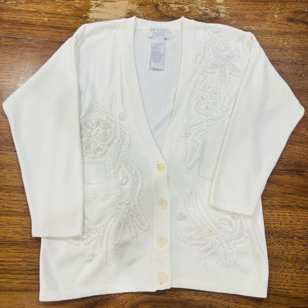 Petite Sophisticate Collection Women's White Beaded Cardigan Sweater PM